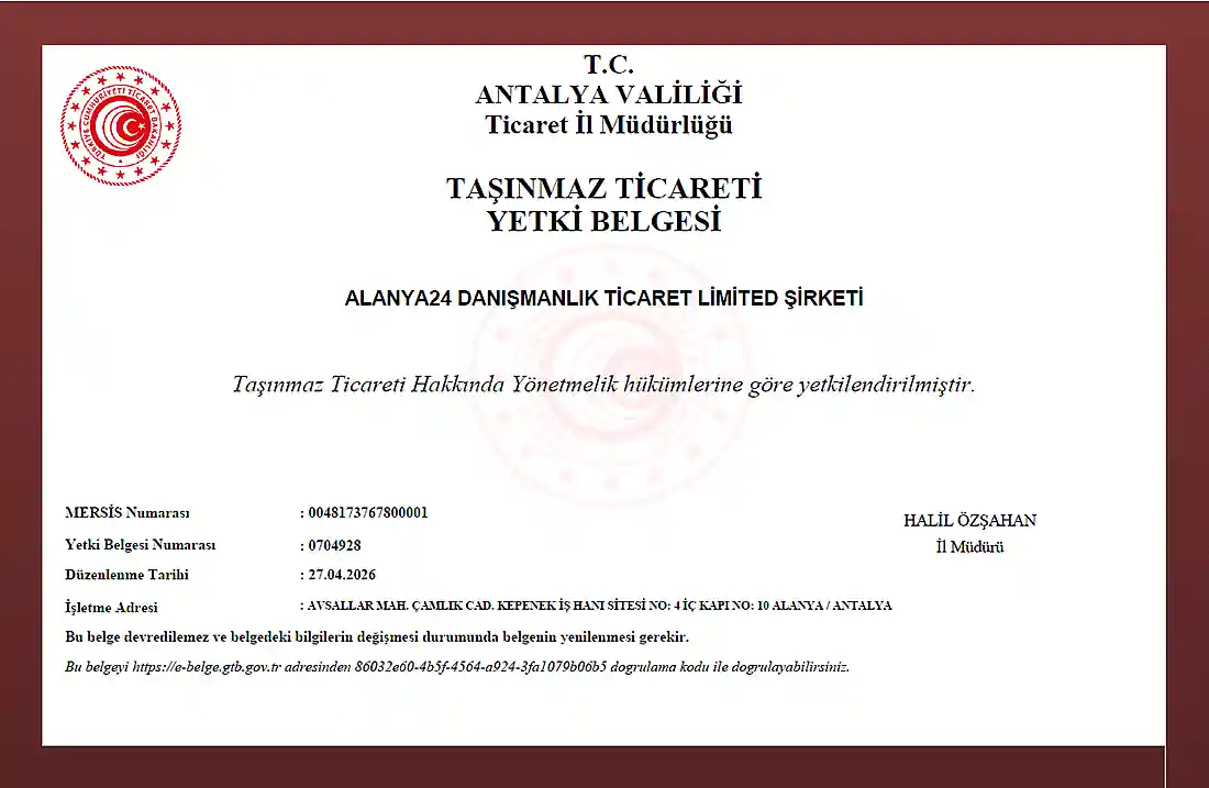 ALANYA24 DANIŞMANLIK TİCARET LİMİTED ŞİRKETİ Taşınmaz Ticareti Yetki Belgesi